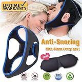 Anti Snoring Chin Strap, Anti Snoring Solution with Eyes Mask, Adjustable Anti Snoring Device Chin Strap Stop Snore Reduce Sleep Aids and Sleep Mask for Men Women Snoring Sleeping Mouth Breather