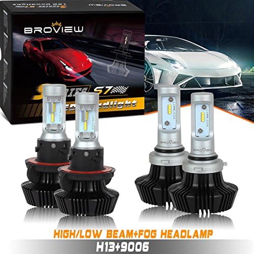(4PCS)Broview Headlight Combo Head lamp High/Low Beam H13 9008 w/Fog Driving Bulbs Cree 9006 9006XS 8000LM White Genuine PHILIPS-ZES chip Kit