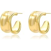 NCPSG Chunky Silver Earrings 14K Gold Plated Geometric Dangle Earrings for Woman, Trendy Simple Silver Hypoallergenic Small Hoop C Shape Stud Earrings Jewelry