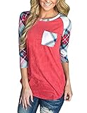 OURS Women's Casual Striped 3/4 Sleeve Pocket T Shirt Color Block Blouses and Tops