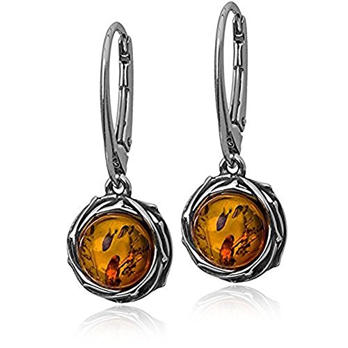 Sterling Silver Amber Round Dangle Leverback Earrings