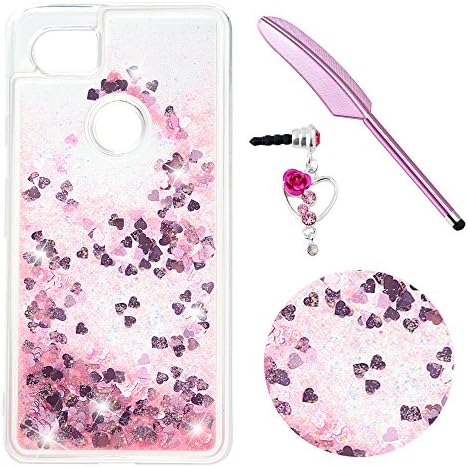 Google Pixel 2XL Case,Bling Glitter Sparkle case Flowing Liquid Floating Moving Crystal Shiny Gel TPU Silicone Flexible Back Fit Protective Shockproof Anti Scratch Case in Pink + Stylus Pen + Anti Dust Plug