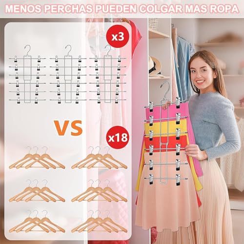 MCNVNZ Perchas para Falda con Pinzas, Paquete de 4 Ganchos Perchas para Pantalones Faldas Ropa, con Clip Antideslizantes Ahorra Espacio, Acero Inoxidable Color Plata, para Jeans,Faldas y Ropa Interior