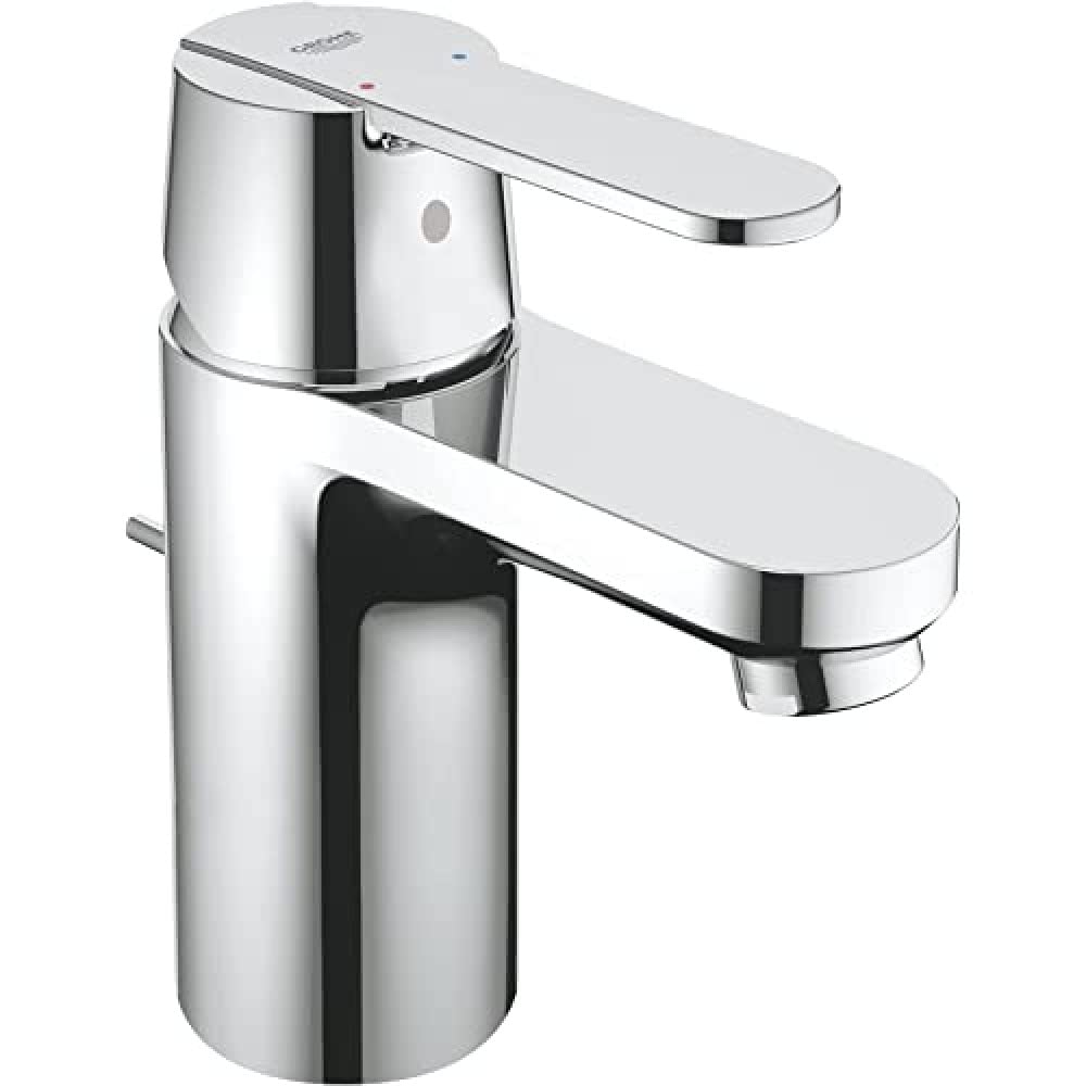 GROHE Get - Bathroom Low Pressure Basin Mixer Tap with Pop-Up Waste Set (Metal Lever, 35 mm Ceramic Cartridge, Tails 3/8 Inch), S-Size 139 mm, with QuickTool, Chrome, 23835000