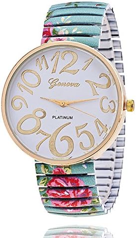 Fashion Geneva Ladies Blue Floral Printed Stretch Band White Dial Quartz Wrist Watch Women