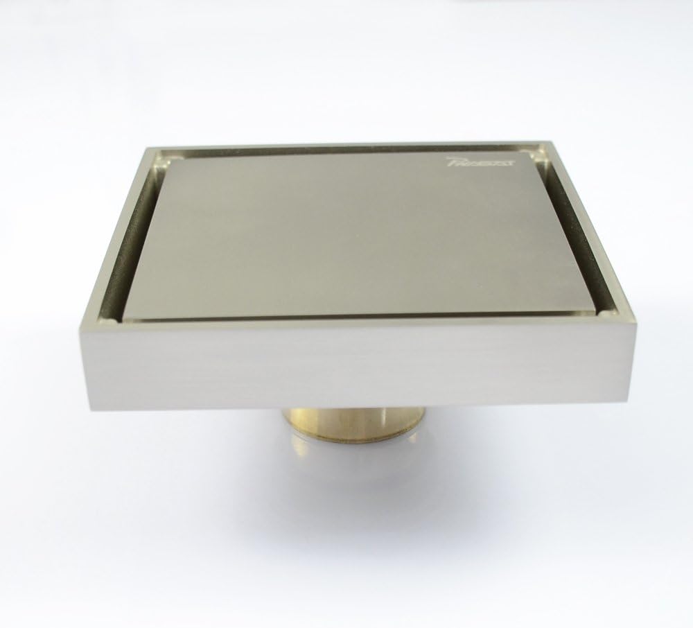 PHASAT Contemporary Square 4 Inches Brass Floor Drain with Tile Insert Grate Removable Cover, Brushed Nickel Finish 80101N