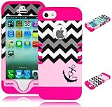 Bastex Heavy Duty Hybrid Case for iPhone 5, 5S, 5th Generation - Hot Pink Silicone / Pink Chevron with Anchor Design Hard Shell