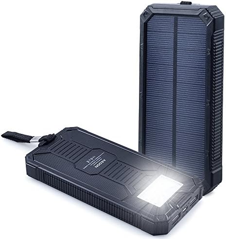 Solar Power Bank 15000mAh Solar Charger Waterproof Portable External Battery USB Charger Built in LED light for iPad iPhone Android Cellphones (Black) …