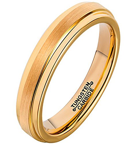 FCL Rings for Men 18K Gold Plated 4mm Tungsten Carbide Wedding Band Matte Brushed Polished Size 6.5