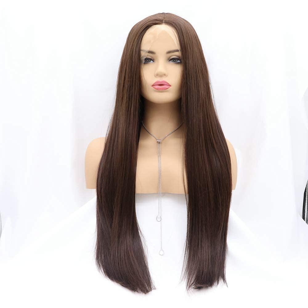 RainaHair Long Brown Straight Wigs for Women Realistic Soft Hair Synthetic Lace Front Wig Natural Looking Half Hand Tied Heat Resistant Fiber 24 inches