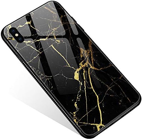 Tempered Glass Case for iPhone Xs Max,Slim Fit Tempered Glass Back for Girl Women+Soft Silicone TPU Shock Absorption Bumper Protective Case Men for iPhone Xs Max 6.5 inch Black Gold Marble