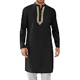 Runcati Mens Kaftan Thobe Button Down Casual Henley Shirts Long Sleeve Robe Cotton Linen Muslim Gown Shirt