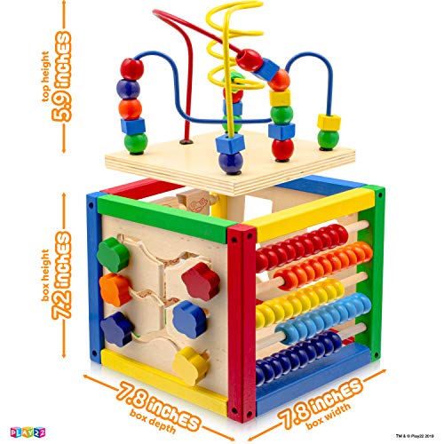 Wooden Activity Play Cube 6 in-1 for Baby with Removable Bead Maze, Shape Sorter, Abacus Counting Beads & Numbers, Sliding Shapes, 8Pcs Stacking Cups – Play22