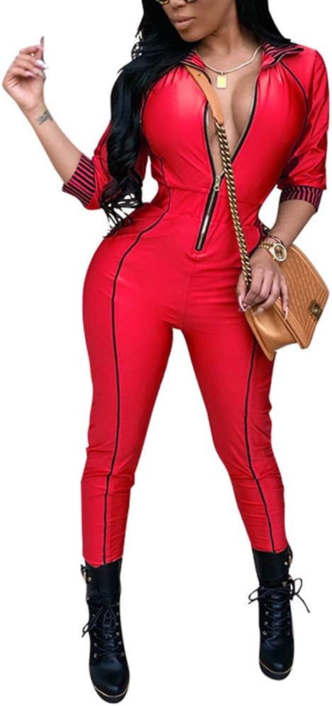 1 Piece Outfits for Women Colorblock Tracksuit Long Sleeve Zip-up Deep V Neck Loose Long Pants Sweatsuit