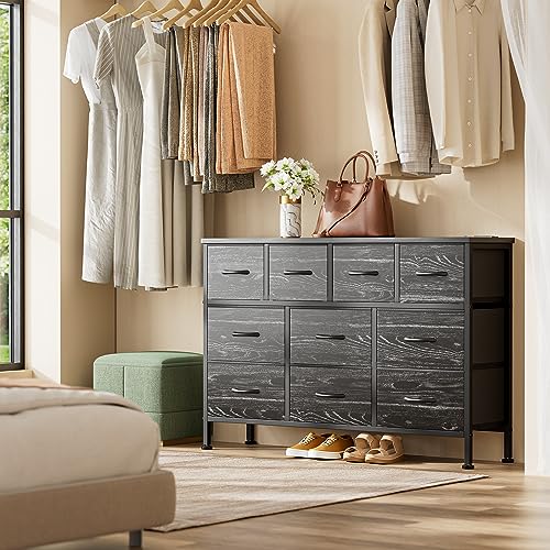 Lulive Dresser for Bedroom, 10 Drawer TV Stand with Power Outlet, Entertainment Center Chest of Drawers for 55 Inch Long TV, Wide Fabric Dresser for Storage & Organization (Black Wood Grain)