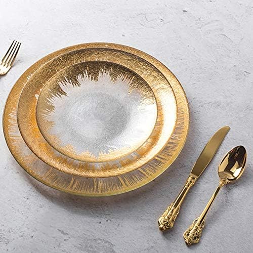 SEYMM Glass fruit plate European handmade hotel crystal glass tableware Western dish pastry plate pad SEYMM (Color : Gold foil, Size : 32CM)