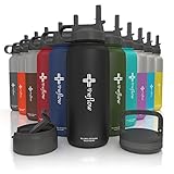 the flow Stainless Steel Water Bottle Double Walled/Vacuum Insulated - BPA/Toxin Free – Wide Mouth with Straw Lid, Carabiner Lid and Flip Lid, 32 oz.(1 Liter)