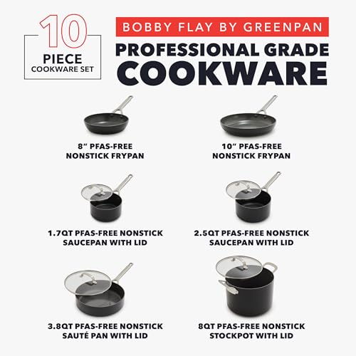 GREENPAN X BOBBY FLAY HARD ANODIZED NONSTICK 10 PIECE COOKWARE SET, PFAS-FREE CERAMIC POTS & PANS, INDUCTION SUITABLE, FRYPANS, SAUCEPANS SAUTE, STOCKPOT, GLASS LIDS, DISHWASHER & OVEN SAFE, BLACK
