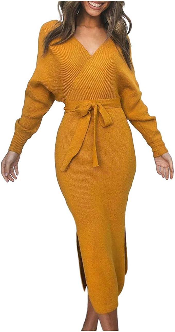 Zarupeng Damen Winter Strickkleid Rückenfrei V-Ausschnitt Langarm Kleid  Solide Color Lange Abendkleid Partykleid mit Gürtel