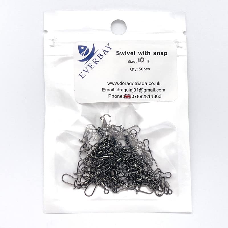 EVERBAY Stainless Steel Rolling Fishing Swivels with Snap Swivel Fishing Line Connectors Hight Strength for Saltwater & Freshwater Fishing accessories - set/50pcs, size 10#