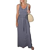 Evzeiem Women's Summer Maxi Tshirt Dress Tie Waist Casual Slim Fit Sleeveless Tank Long Beach Dresses