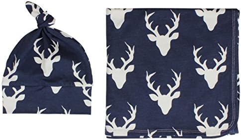 Navy Buck Deer Newborn Swaddle Set Swaddle Blanket Boy Top Knot Hat Boy Swaddle Set Stag Deer Jersey Swaddle Baby Blanket Navy