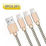 Lightning Cable AOSTA 3-Pack 5Ft/1.5M Nylon Braided Lightning to iPhone Charger Cord with Aluminum Connector for iPhone 7/7 Plus/6s/6s Plus/6/6Plus/5s/5c/5,iPad/iPod,IOS Devices(Gold)