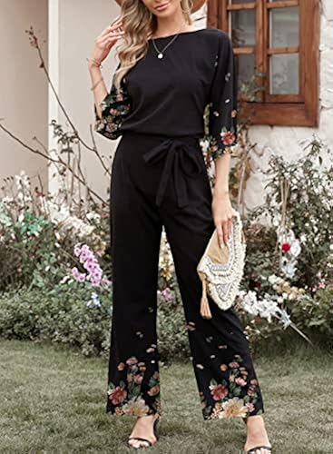 Happy Sailed Women Casual Loose Three Quarter Sleeve Belted Wide