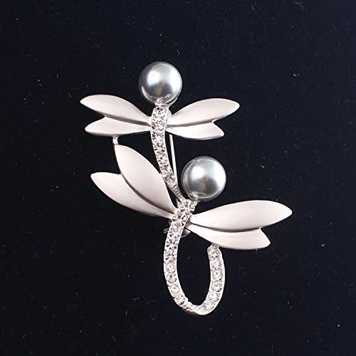 Jewelry with Artificial Pearl &amp; Rhinestone Dragonflies Brooch Label Pin for Unisex Dress Accessories (Sliver)