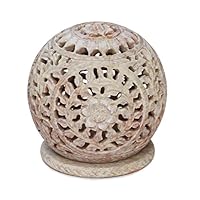 BKRAFT4U Unique Hand Carved Tealight Holder Sphere Shaped Made from Soapstone with Intricate Tendril Openwork Floral Decorative Lantern.