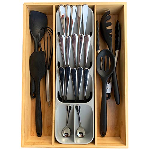 Simhoo Bamboo Kitchen Silverware Drawer Organizer/Utensil and Cutlery Tray/Flatware Divider Oranization with Plastic Storage