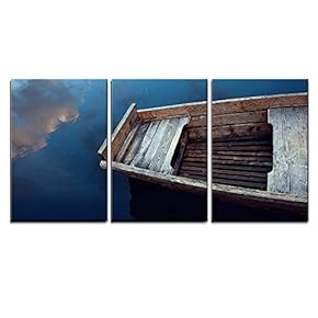 Wooden Boat in The Clouds Reflected in Water x3 Panels
