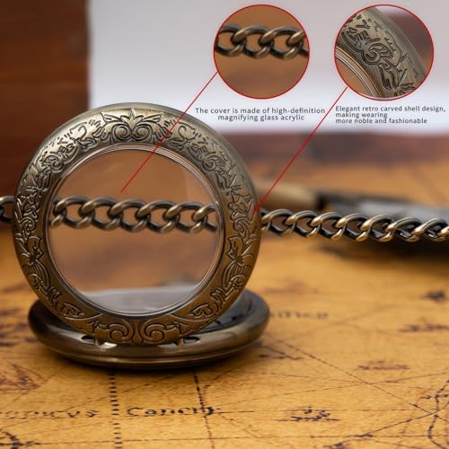 DerMacht Mechanical Pocket Watch, for Men Women Special Magnifier Half Hunter Engraved Case Roman Numerals with Chain