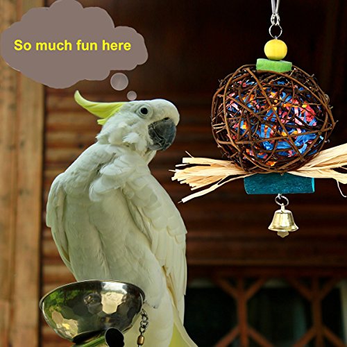 QIBOX Parrot Chewing Toy for Small Medium Birds, Natural Hand-Made Chewing Hanging Toy, Rattan Ball Cage Toy Preening Toy for Bird Parrot African Budgie Macaw Parakeet Cockatiel Lovebird Cage Toy