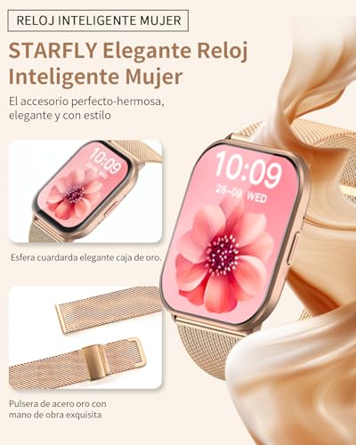 STARFLY Smartwatch con Llamadas, Reloj Inteligente Mujer con 3 Correas, Función Femenina/24H Pulsometro/SpO2/Monitor de Sueño/120+ Modos Deportivos,Smartwatch Mujer IP68 Android iOS Dorado Regalo