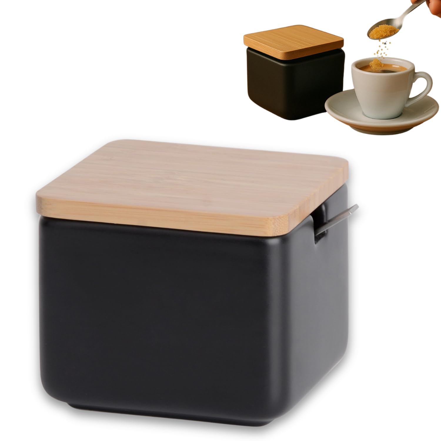 KOOK TIME Black Ceramic Sugar Bowl with Bamboo Lid and Stainless Steel Spoon | Perfect as Sugar Pot, Salt Cellar or Spice Jar | 10x10x9 cm — image 1