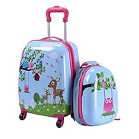 Custpromo 2 pcs ABS Kids Suitcase Lightweight Backpack Luggage Set 16" Carry On Luggage with Spinner Wheels and 12" Backpacks Set for 2, 3, 4 year olds，Boys and Girls (Deer & Birds)