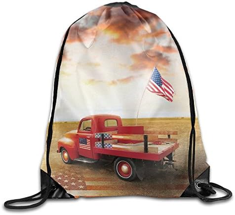 FYW Red Truck American Flag Husband Gifts Vintage Funny Cars American USA Flag 1950s Drawstring Bags Rowing Backpack Sport Bag For Men &amp; Women