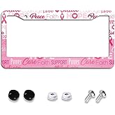 Breast Cancer Awareness License Plate Frame, Pink Ribbon Gradient License Plate Holder for Front and Rear Aluminum Cars Tags Accessories Decorative Car Decoration with 2 Holes Screws 6X12'' for Women