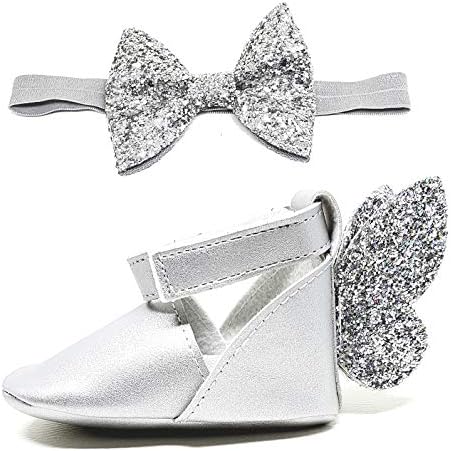Baby Boys Girls Soft Soled Bowknots Crib Shoes with Butterfly PU Moccasin with Head Band (6-12 Month, Silver-White)