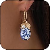 Porcelain Enamel Earrings Gold Heart Hoop Tulip Design Blue and White Earrings Trendy Jewelry Gift