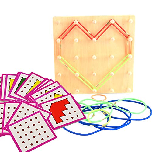 New Sky Enterprises Wooden Geoboard Graphing Peg Board Montessori Toddler Sensory Toy Colorful Rubber Bands Pattern Cards Preschool Learning Game