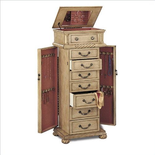 Antique Cream Vintage Traditional Jewelry Armoire With Top Mirror Lid