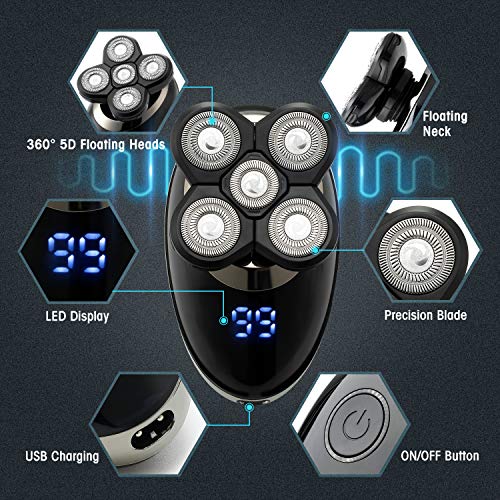 Electric Shaver for Men & Grooming Kit, GOOLEEN 5 in 1 Electric Razor Cordless Waterproof Wet Dry Rotary Bald Head Shaver Nose Trimmer Hair Clippers Facial Cleansing Brush LED Display USB Rechargeable