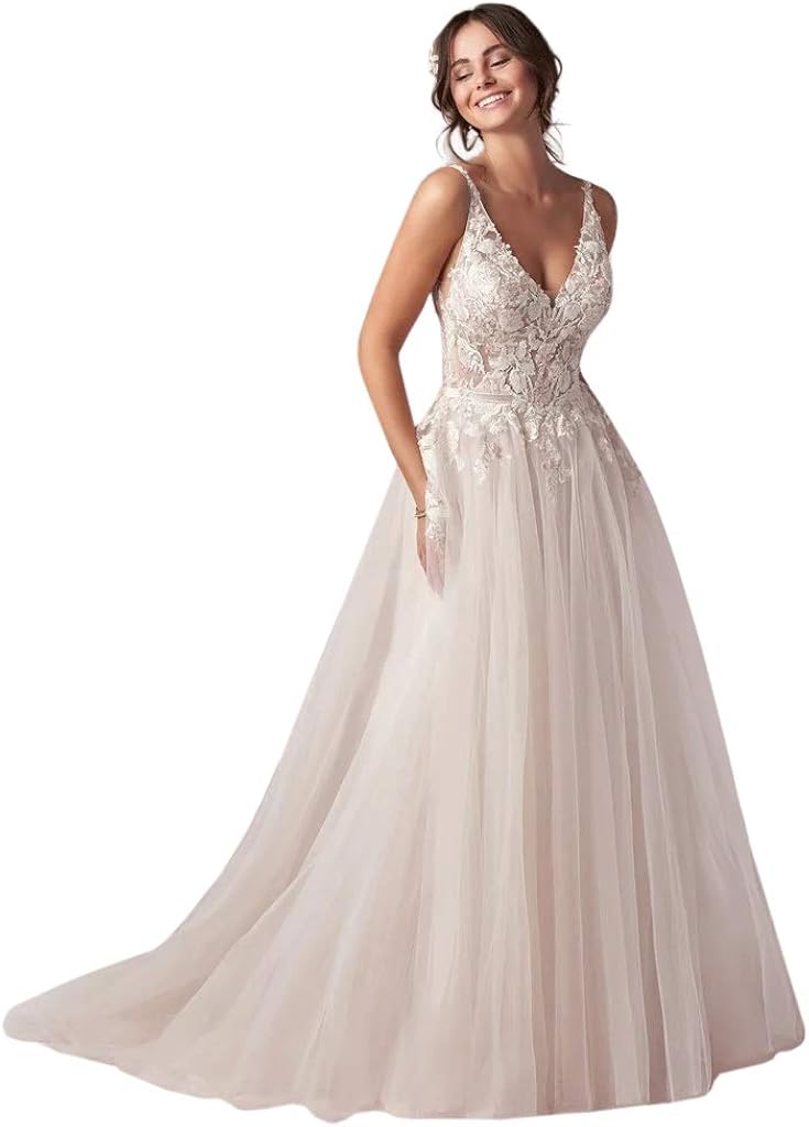 ALine Tulle Skirt Wedding Dresses for Bride Lace Appliques VNeck Backless Charming