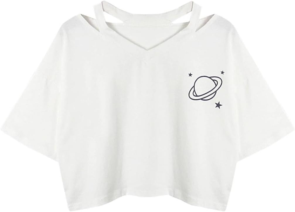 Quistal Summer Women Cute Planet Print Crop Top Tees Summer Short Sleeve T-Shirt Blouse