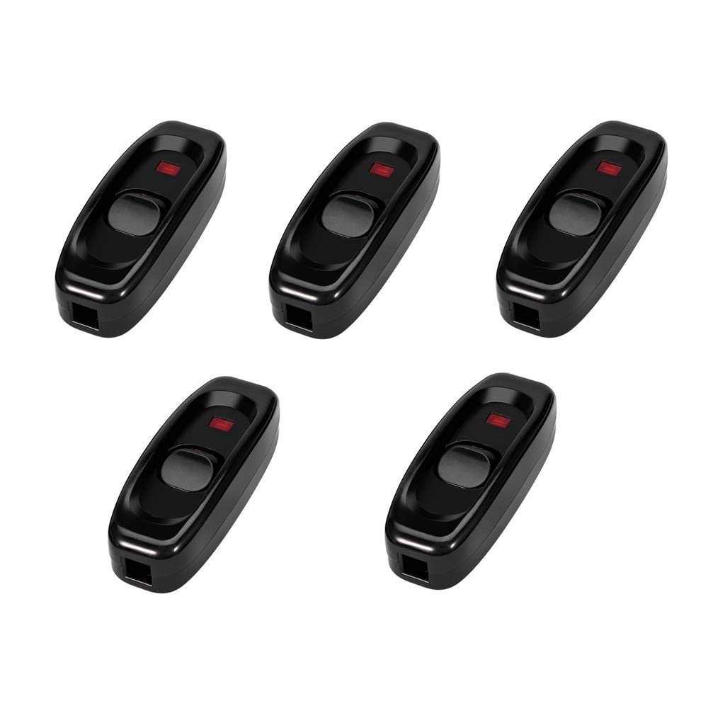 Nikou 5 Pack Inline Switch, Light Switch AC 250V 10A Inline ON/Off Table Desk Lamp Cord Cable Switch with LED Indicator Light (Color : Black)