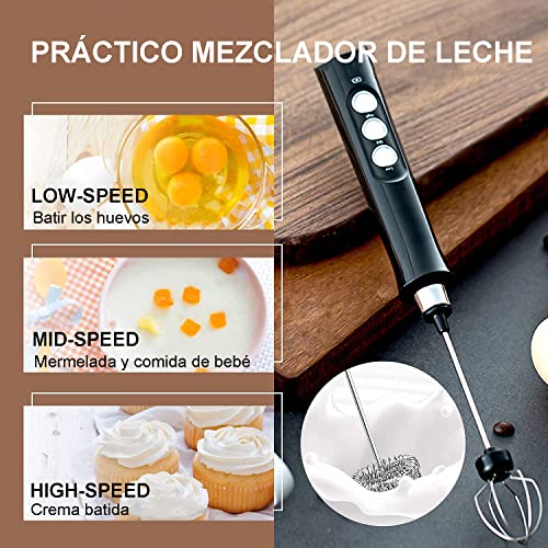Bauihr Batidora de Leche Espuma, Espumador de Leche Recargable por USB, Batidor Electrico de Mano 3 velocidades Ajustables con 3 Batidores de Acero Inoxidable para Latte, Capuchino, Café, Matcha