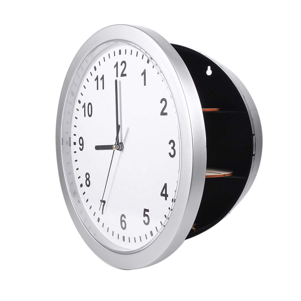 Annadue Silver Wall Clock Safe for Money Stash Jewelry Valuables Cash Storage, Hidden Secret Container Box, with 3 Shelves, for Home or Office Decor.