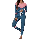YAHESHION Womens Pajamas Sets Block Color V Neck Long Sleeve Tops with Striped Pullover and Casual Long Pants with Pockets